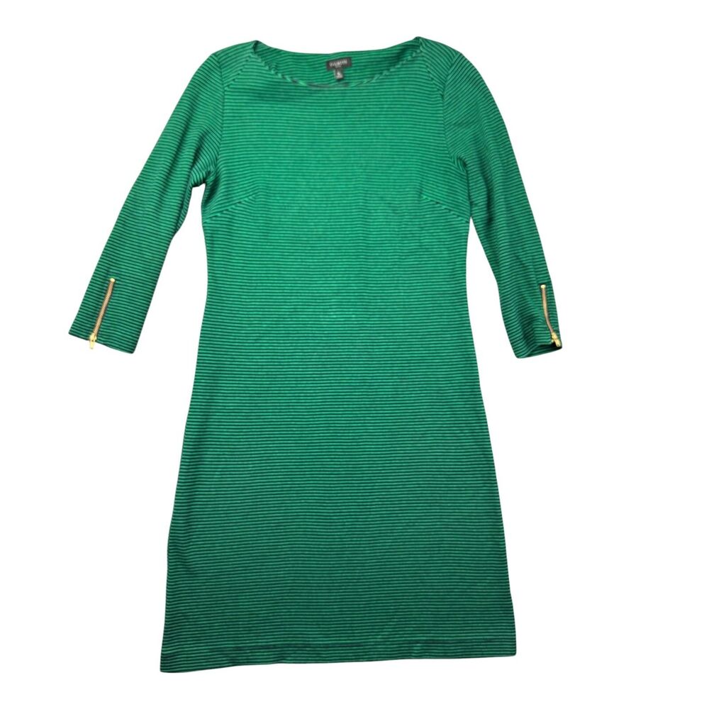 Talbots Dress Womens Small Petite Green Black Long Sleeve Striped Sheath Classy